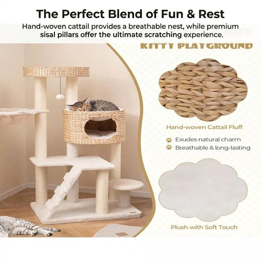 Modern Cat Tree for Indoor Cats with Cattail Fluff Condo and Top Perch