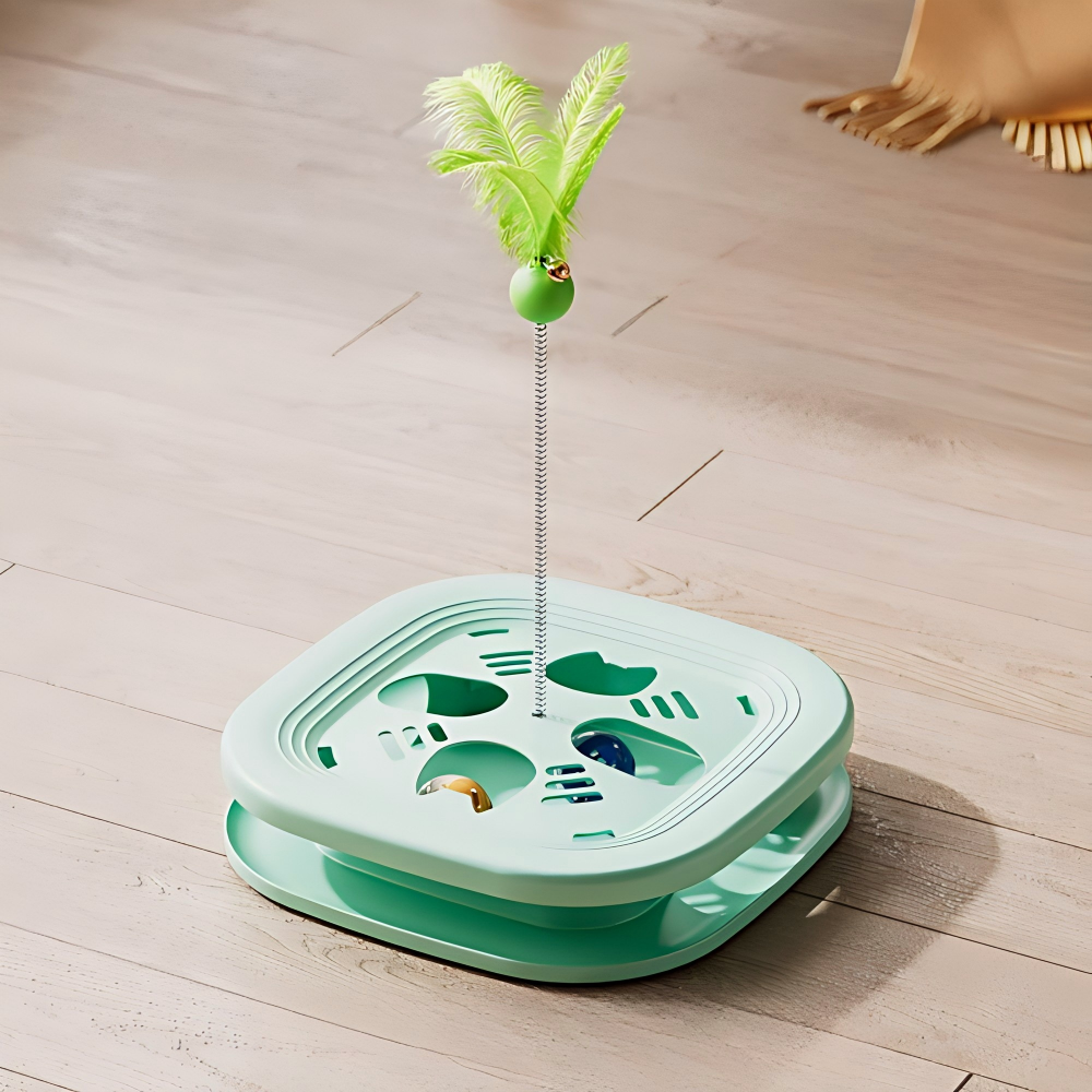 Interactive Cat Toy Roller with Feather Bell Self-Play Puzzle Teaser Wand for Boredom Relief