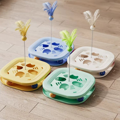 Interactive Cat Toy Roller with Feather Bell Self-Play Puzzle Teaser Wand for Boredom Relief