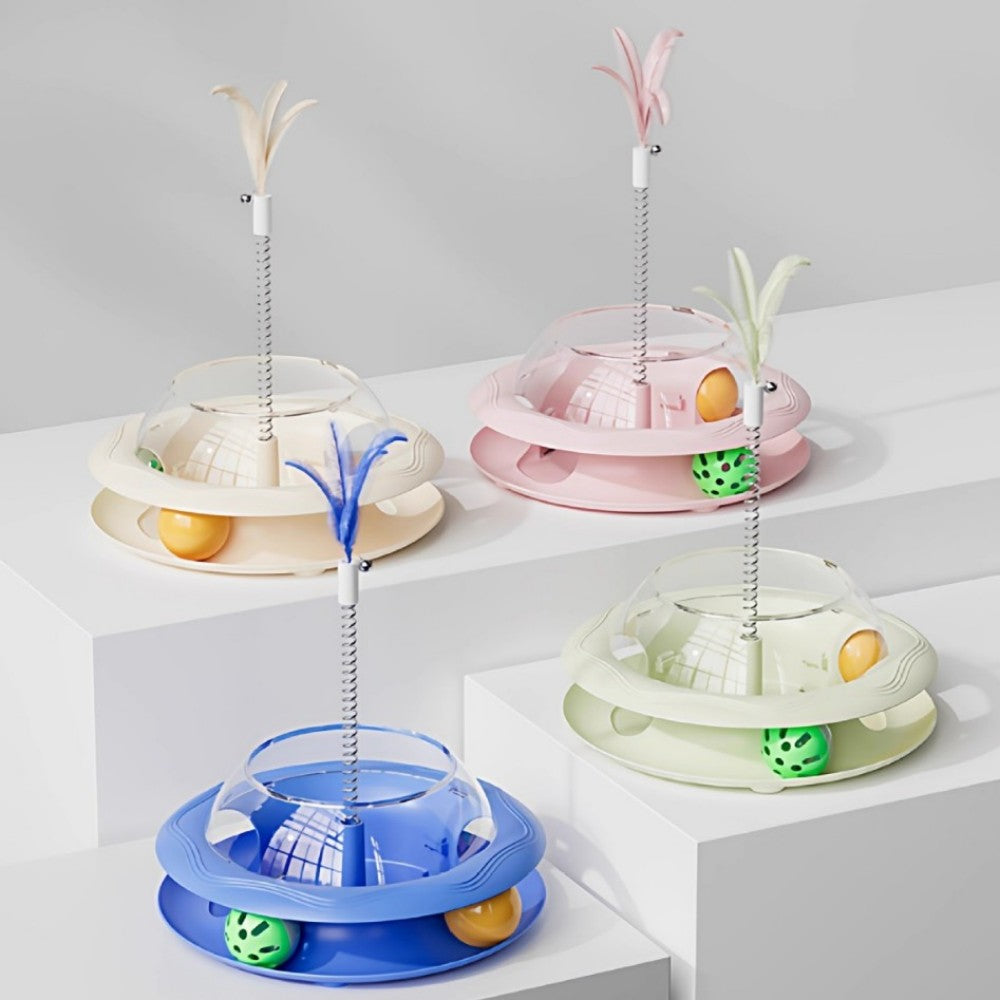 Interactive Cat Toy Roller with Feather Bell Self-Play Puzzle Teaser Wand for Boredom Relief