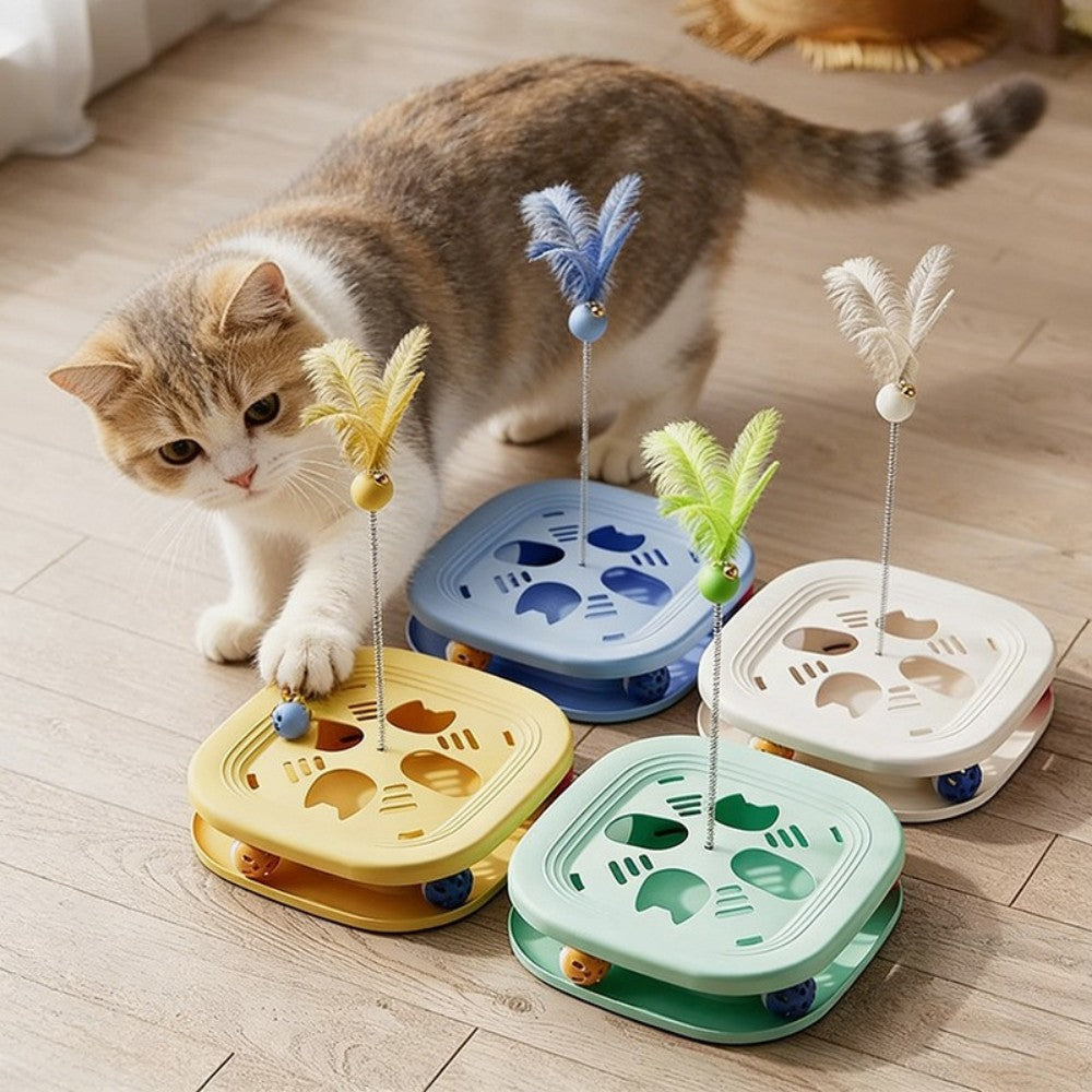 Interactive Cat Toy Roller with Feather Bell Self-Play Puzzle Teaser Wand for Boredom Relief
