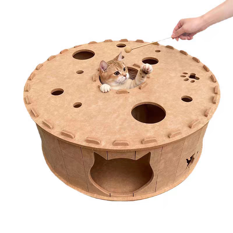 All-Season Felt Cat Tunnel Bed - Donut Shape Hideaway with Integrated Cat Toy
