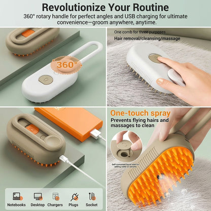 Cat and Dog Steam Brush Pet Grooming Tool Hair Shedding 3 in 1 Massage Combs Steam Brush