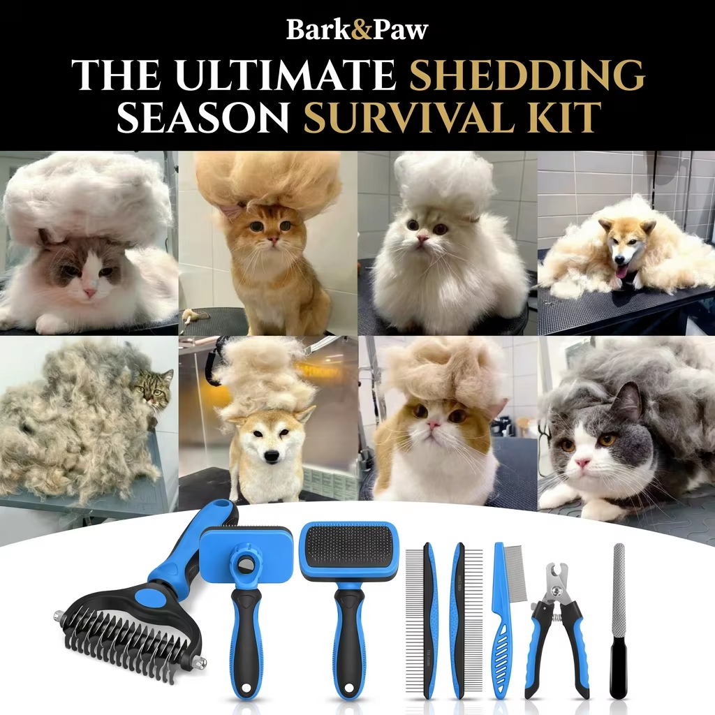 7 in 1 Pet Grooming Kits Dog&Cat Comb Deshedding Brush Nail Clipper with File Bath Brush Premium Pet Supplies