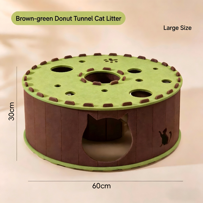 All-Season Felt Cat Tunnel Bed - Donut Shape Hideaway with Integrated Cat Toy
