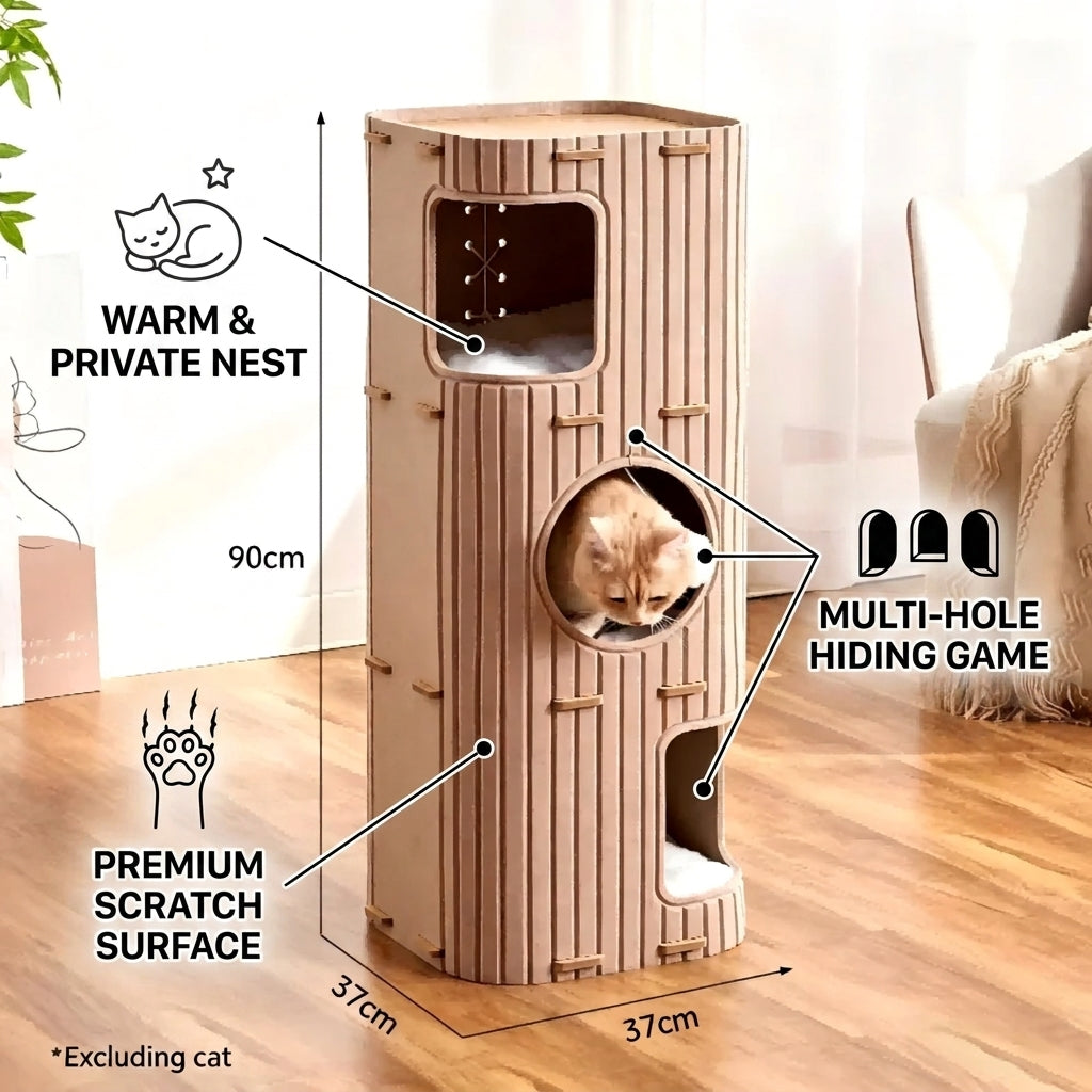 Multi-Layer All-in-One Cat Tree with Felt Cave Bed Year-Round Tunnel Cat House Warm & Durable Cat Condo