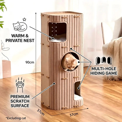 Multi-Layer All-in-One Cat Tree with Felt Cave Bed Year-Round Tunnel Cat House Warm & Durable Cat Condo