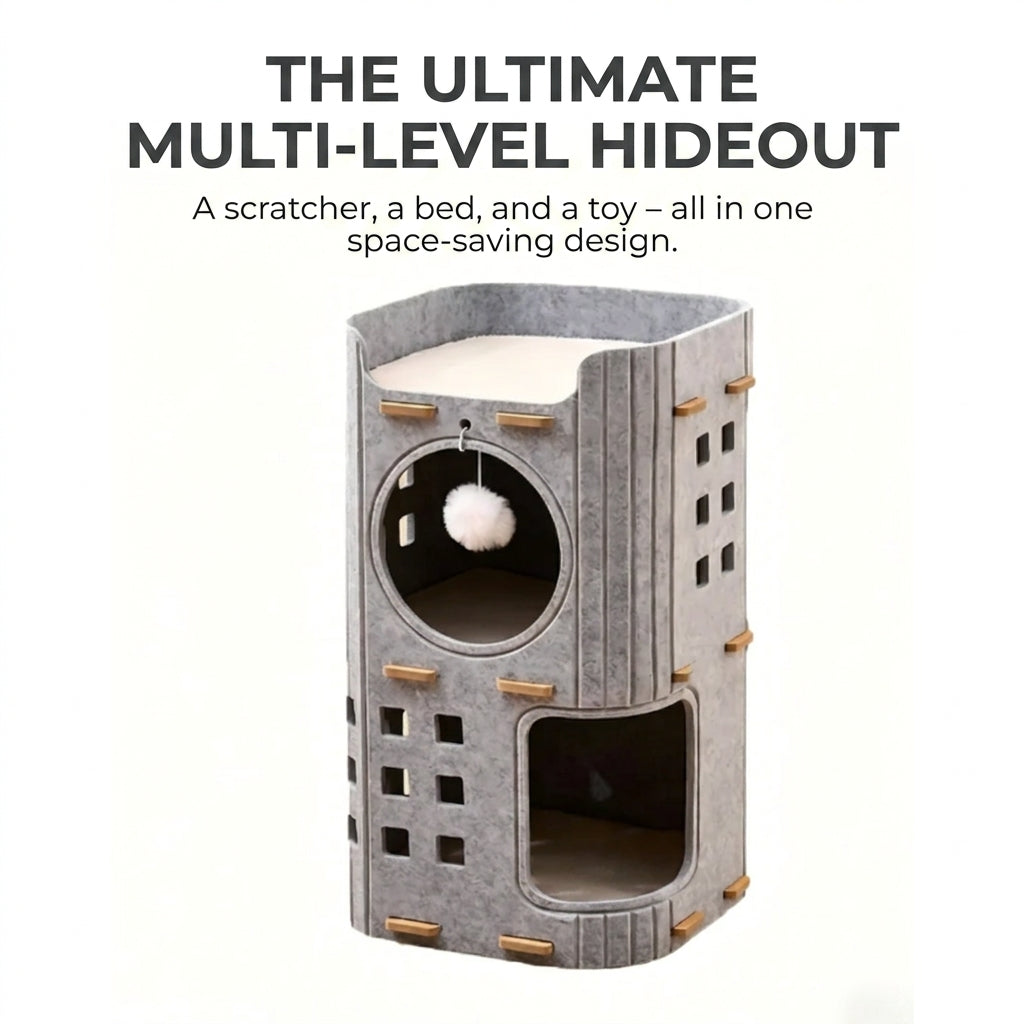 Multi-Layer All-in-One Cat Tree with Felt Cave Bed Year-Round Tunnel Cat House Warm & Durable Cat Condo