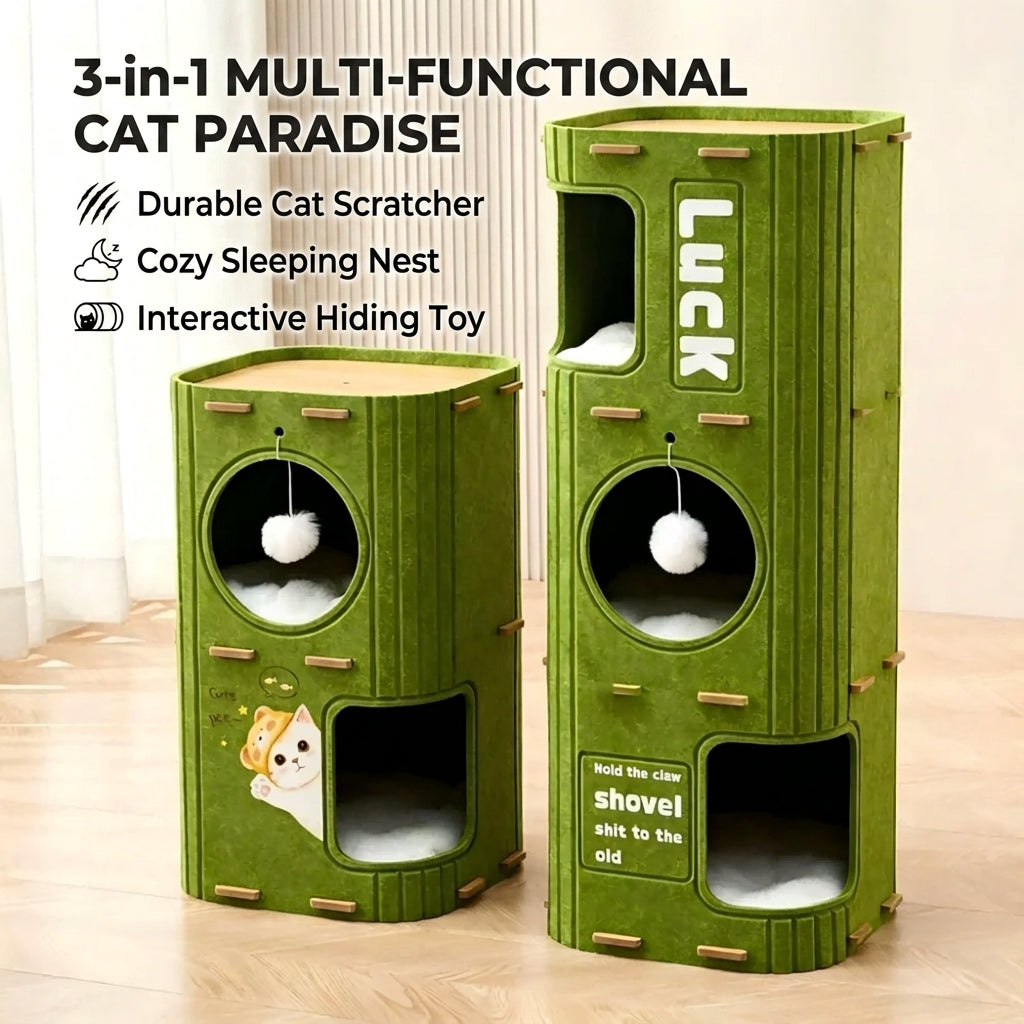 Multi-Layer All-in-One Cat Tree with Felt Cave Bed Year-Round Tunnel Cat House Warm & Durable Cat Condo