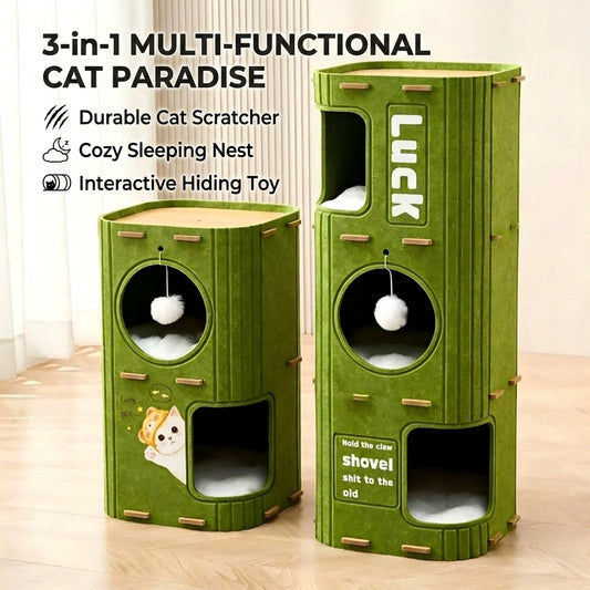 Multi-Layer All-in-One Cat Tree with Felt Cave Bed Year-Round Tunnel Cat House Warm & Durable Cat Condo