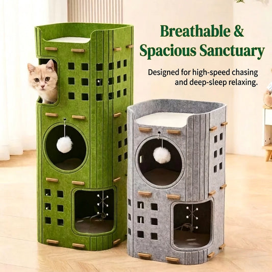 Multi-Layer All-in-One Cat Tree with Felt Cave Bed Year-Round Tunnel Cat House Warm & Durable Cat Condo