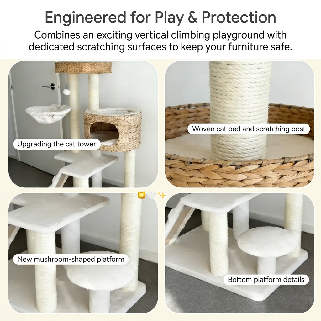 Modern Cat Tree for Indoor Cats with Cattail Fluff Condo and Top Perch