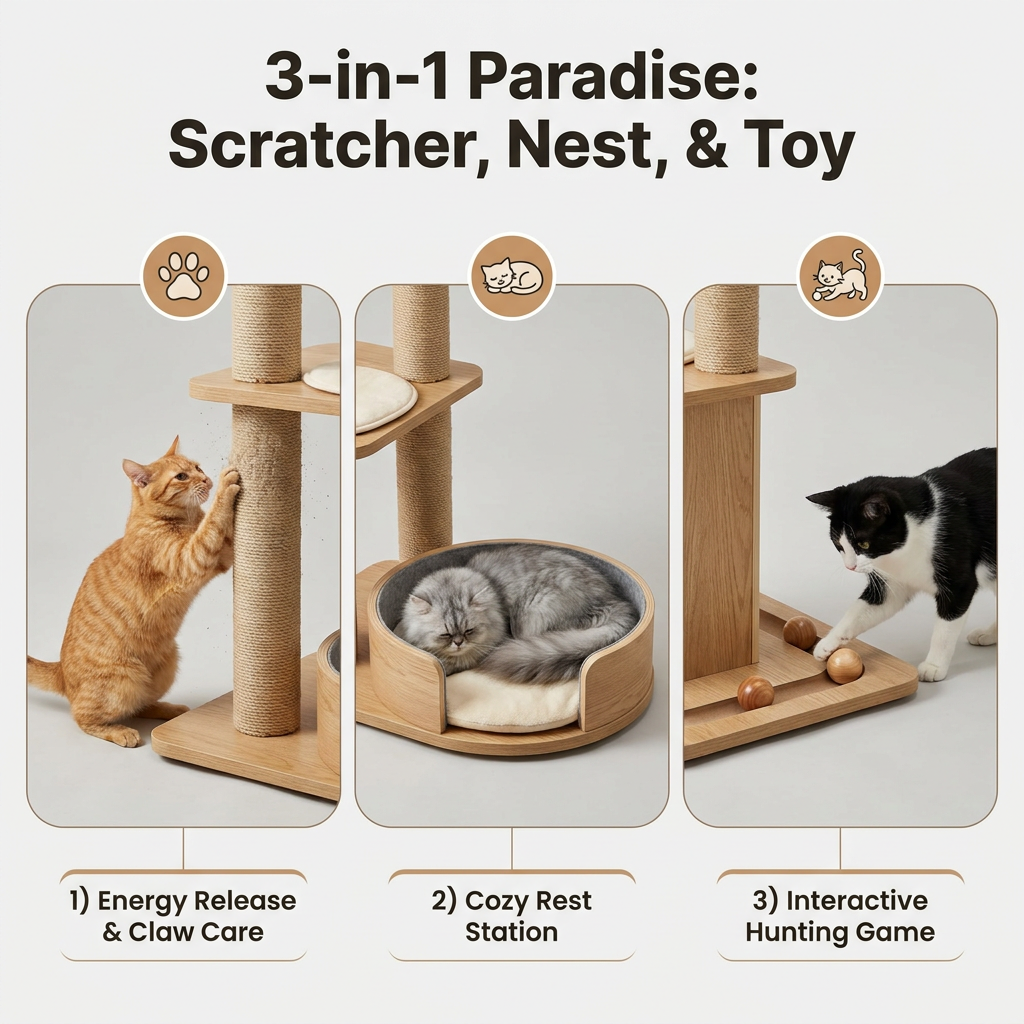 New Vertical All-in-One Cat Tree Oval Sisal Scratching Post & Board Tall Durable & Low-Shedding