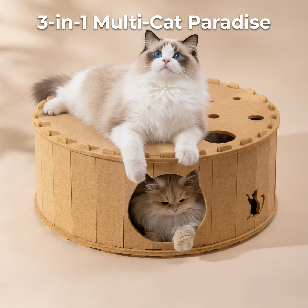 All-Season Felt Cat Tunnel Bed - Donut Shape Hideaway with Integrated Cat Toy