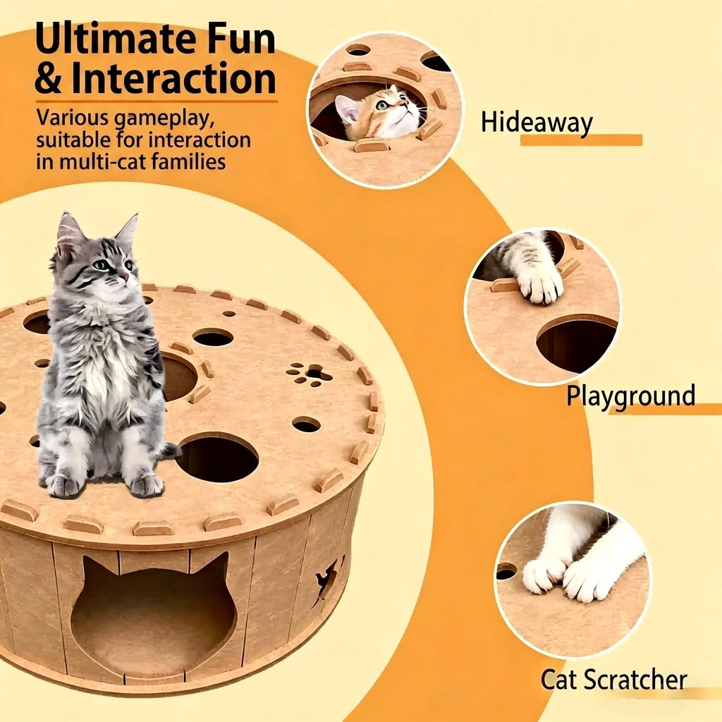 All-Season Felt Cat Tunnel Bed - Donut Shape Hideaway with Integrated Cat Toy