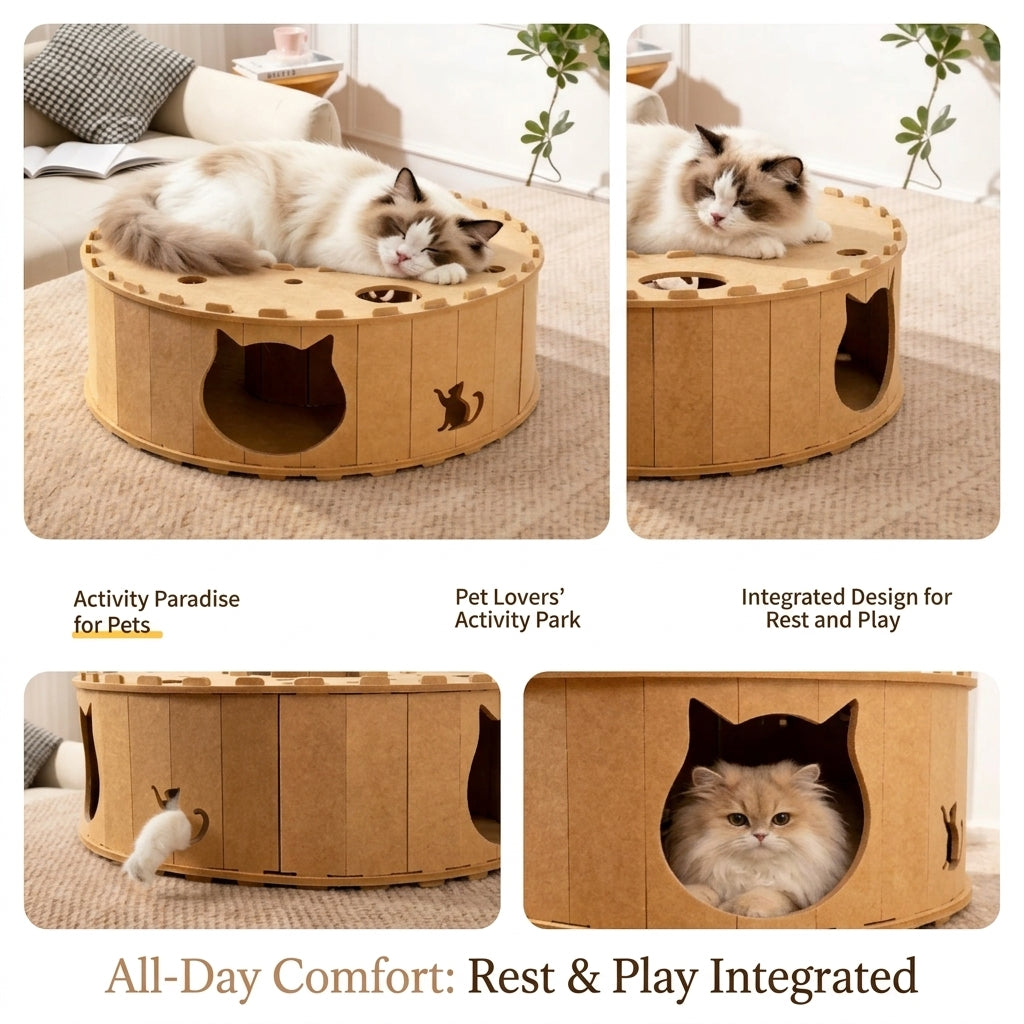 All-Season Felt Cat Tunnel Bed - Donut Shape Hideaway with Integrated Cat Toy
