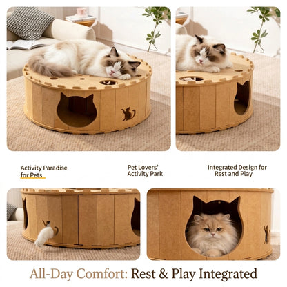 All-Season Felt Cat Tunnel Bed - Donut Shape Hideaway with Integrated Cat Toy