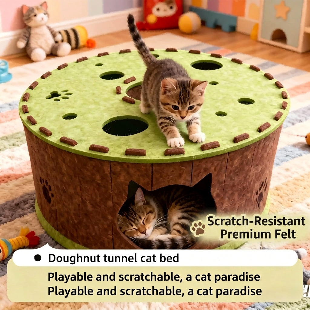 All-Season Felt Cat Tunnel Bed - Donut Shape Hideaway with Integrated Cat Toy