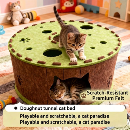 All-Season Felt Cat Tunnel Bed - Donut Shape Hideaway with Integrated Cat Toy