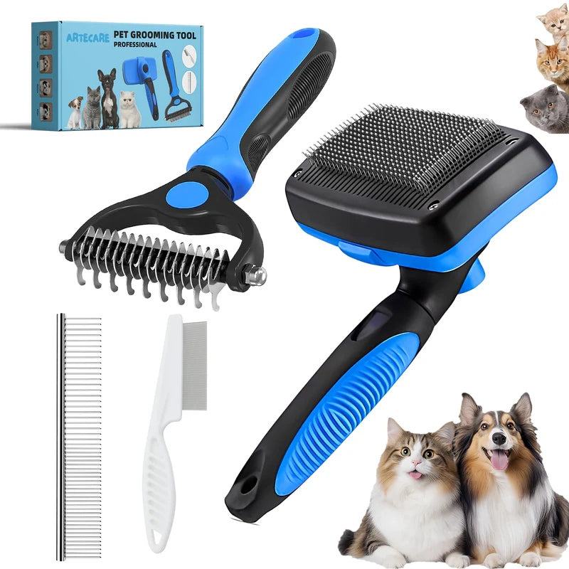 4-in-1 Professional Pet Grooming Brush Kit – Stainless Steel Comb Set for Dogs & Cats