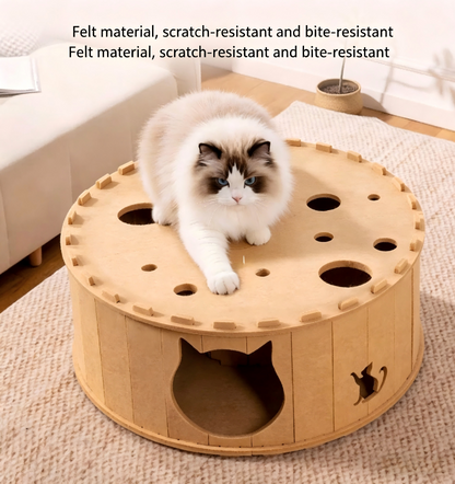 All-Season Felt Cat Tunnel Bed - Donut Shape Hideaway with Integrated Cat Toy