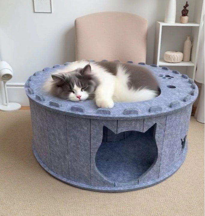 All-Season Felt Cat Tunnel Bed - Donut Shape Hideaway with Integrated Cat Toy