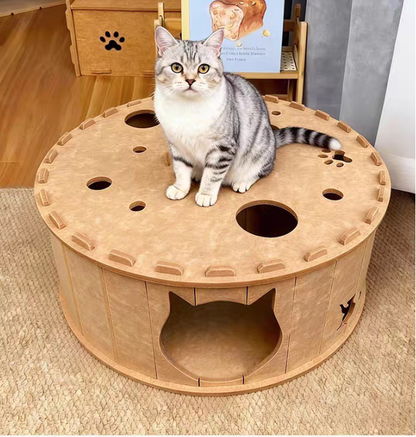All-Season Felt Cat Tunnel Bed - Donut Shape Hideaway with Integrated Cat Toy
