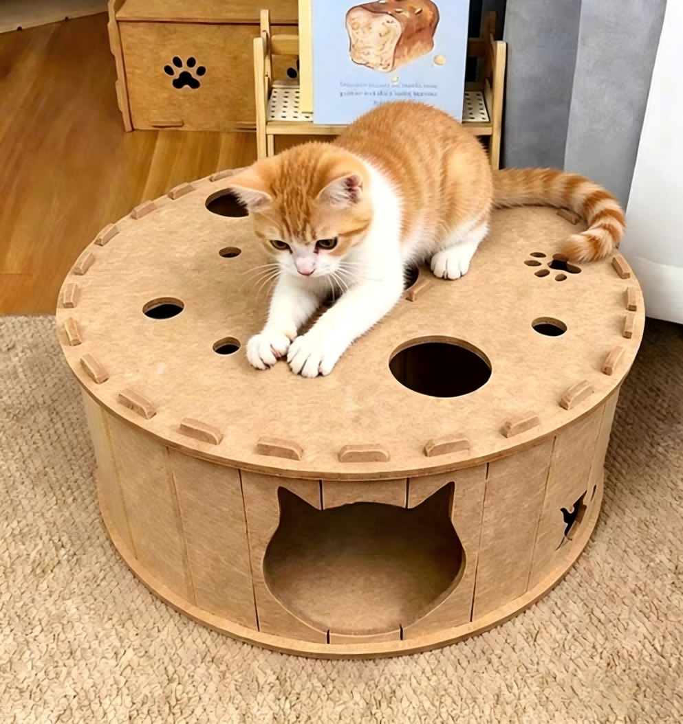 All-Season Felt Cat Tunnel Bed - Donut Shape Hideaway with Integrated Cat Toy