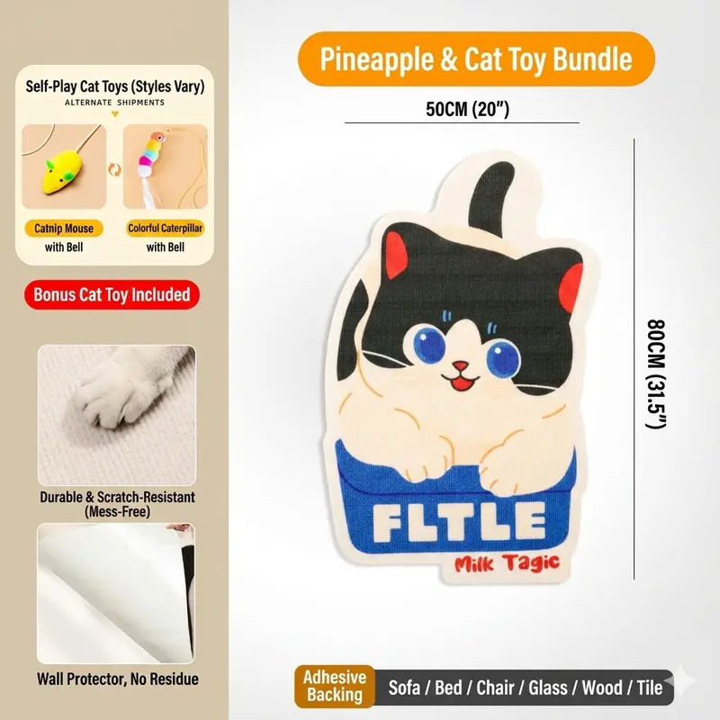 Smart Well Kawaii Cat Scratcher Mat Self-Adhesive Felt Scratch Pad & Wall Protector for Sofa Door Wall Mounted Board with Bell
