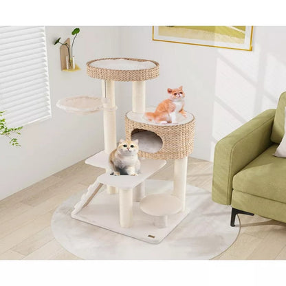 Modern Cat Tree for Indoor Cats with Cattail Fluff Condo and Top Perch Bark&Paw Lab
