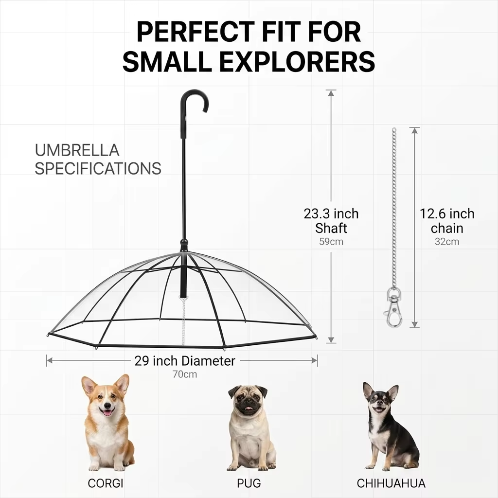 Dog Umbrella with Leash & C-Handle Transparent Pet Walking Umbrella for Small Dogs & Cats Keeps Pets Dry