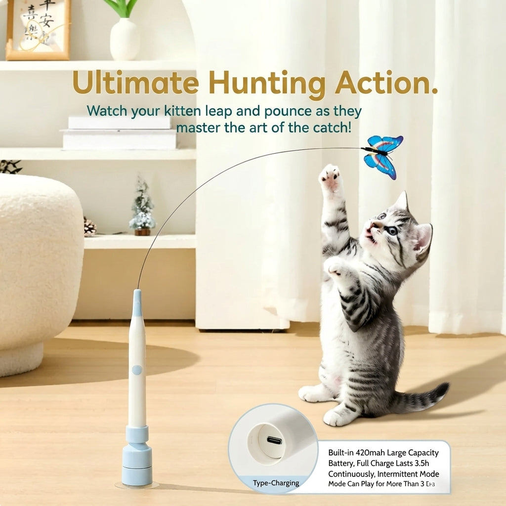 Electric Suction Cup Butterfly Cat Toy Interactive Flying Teaser with Steel Wire Long Rod Self Entertaining for Cats