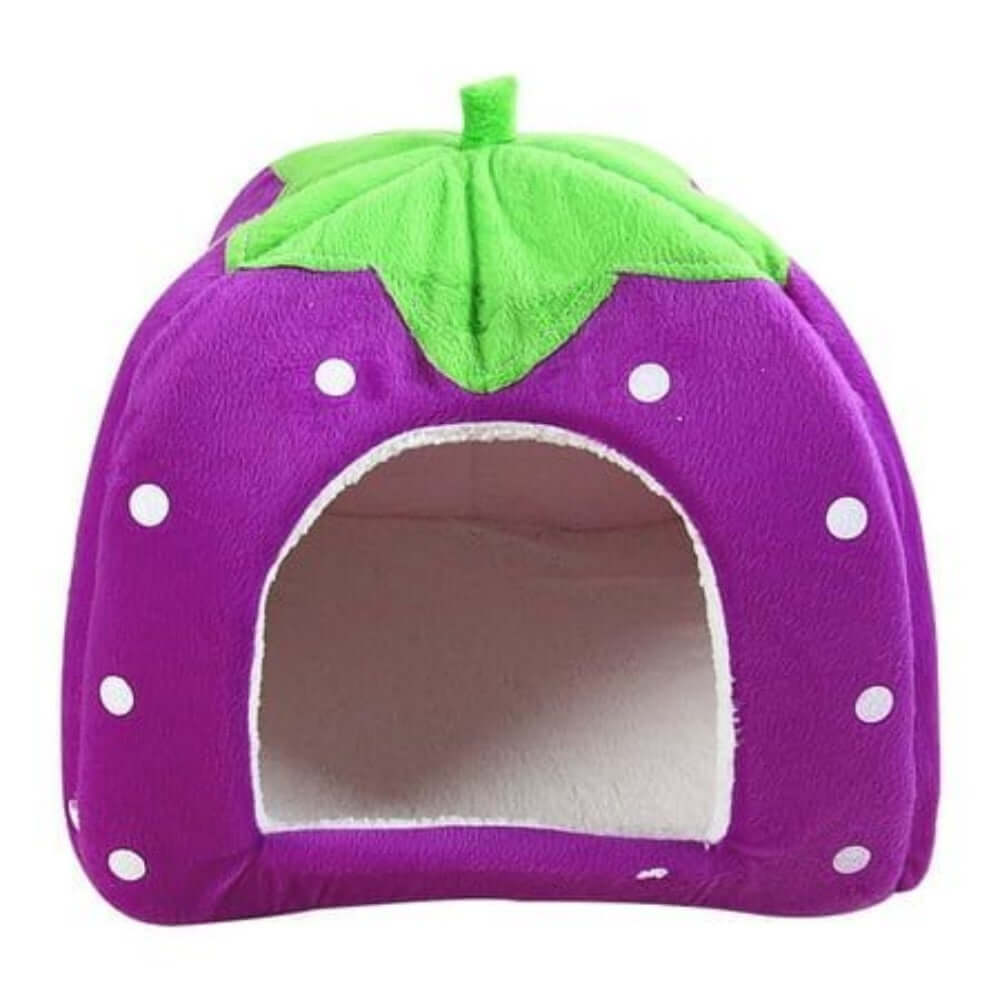 Soft Cat Beds with Adorable Designs – Spoil Your Fur Baby featuring a cozy purple strawberry-shaped cat bed.