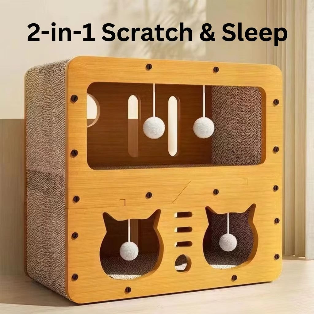 Durable 2-in-1 Cat Scratcher Lounge Bed & Teaser Toy house