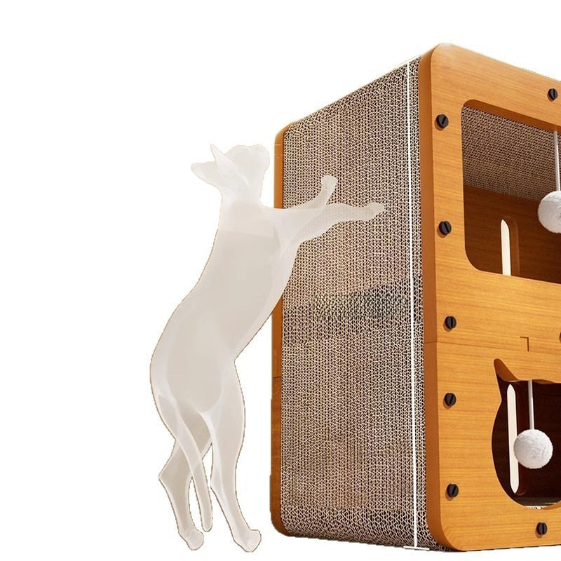 Durable 2-in-1 Cat Scratcher Lounge Bed & Teaser Toy house