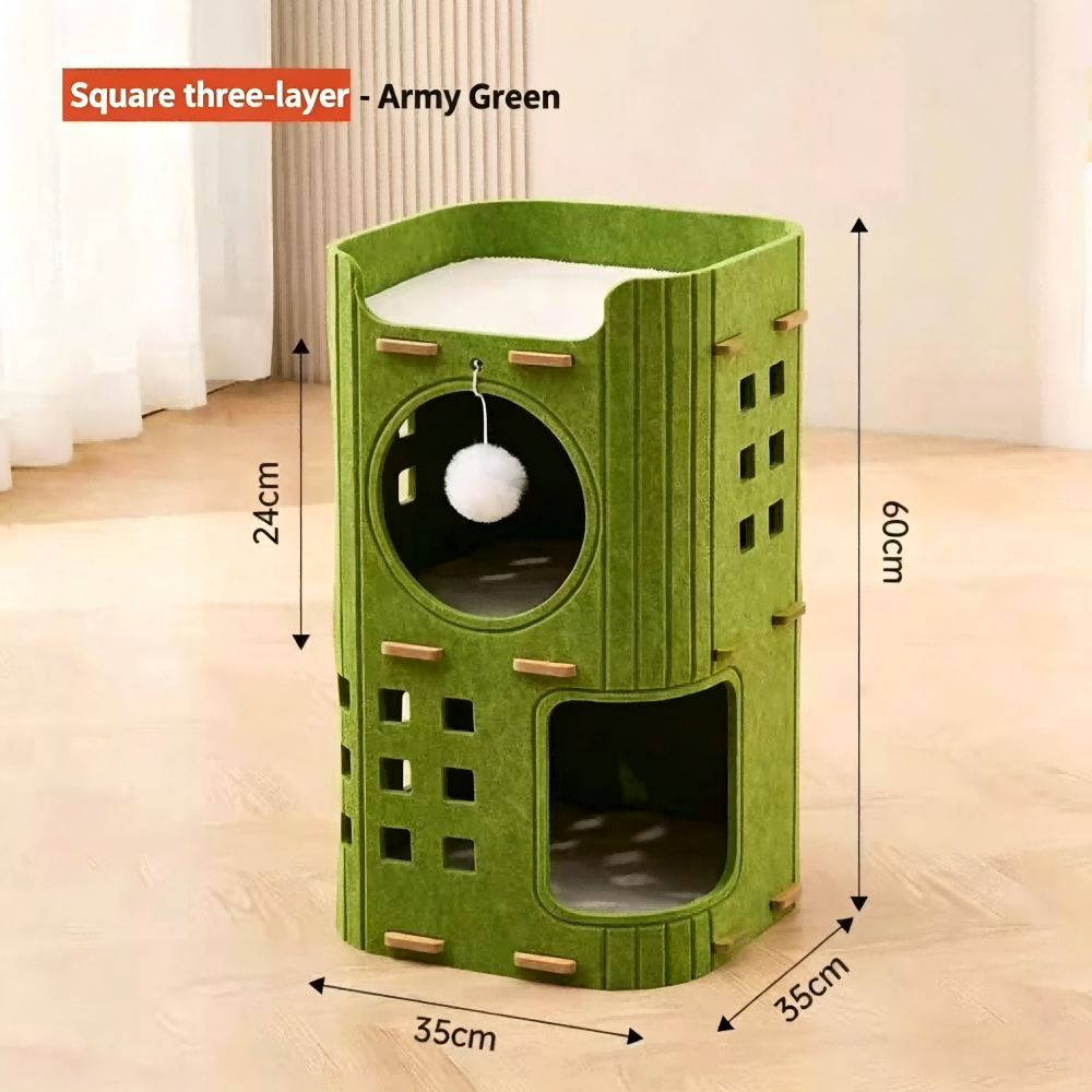 Multi-Layer All-in-One Cat Tree with Felt Cave Bed Year-Round Tunnel Cat House Warm & Durable Cat Condo