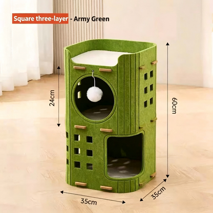 Multi-Layer All-in-One Cat Tree with Felt Cave Bed Year-Round Tunnel Cat House Warm & Durable Cat Condo