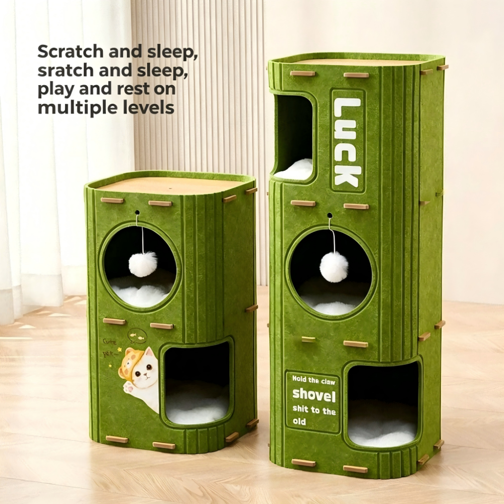 Multi-Layer All-in-One Cat Tree with Felt Cave Bed Year-Round Tunnel Cat House Warm & Durable Cat Condo