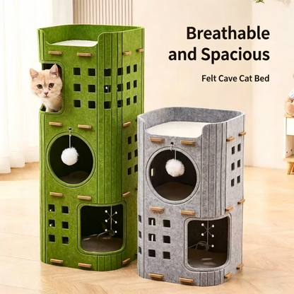 Multi-Layer All-in-One Cat Tree with Felt Cave Bed Year-Round Tunnel Cat House Warm & Durable Cat Condo