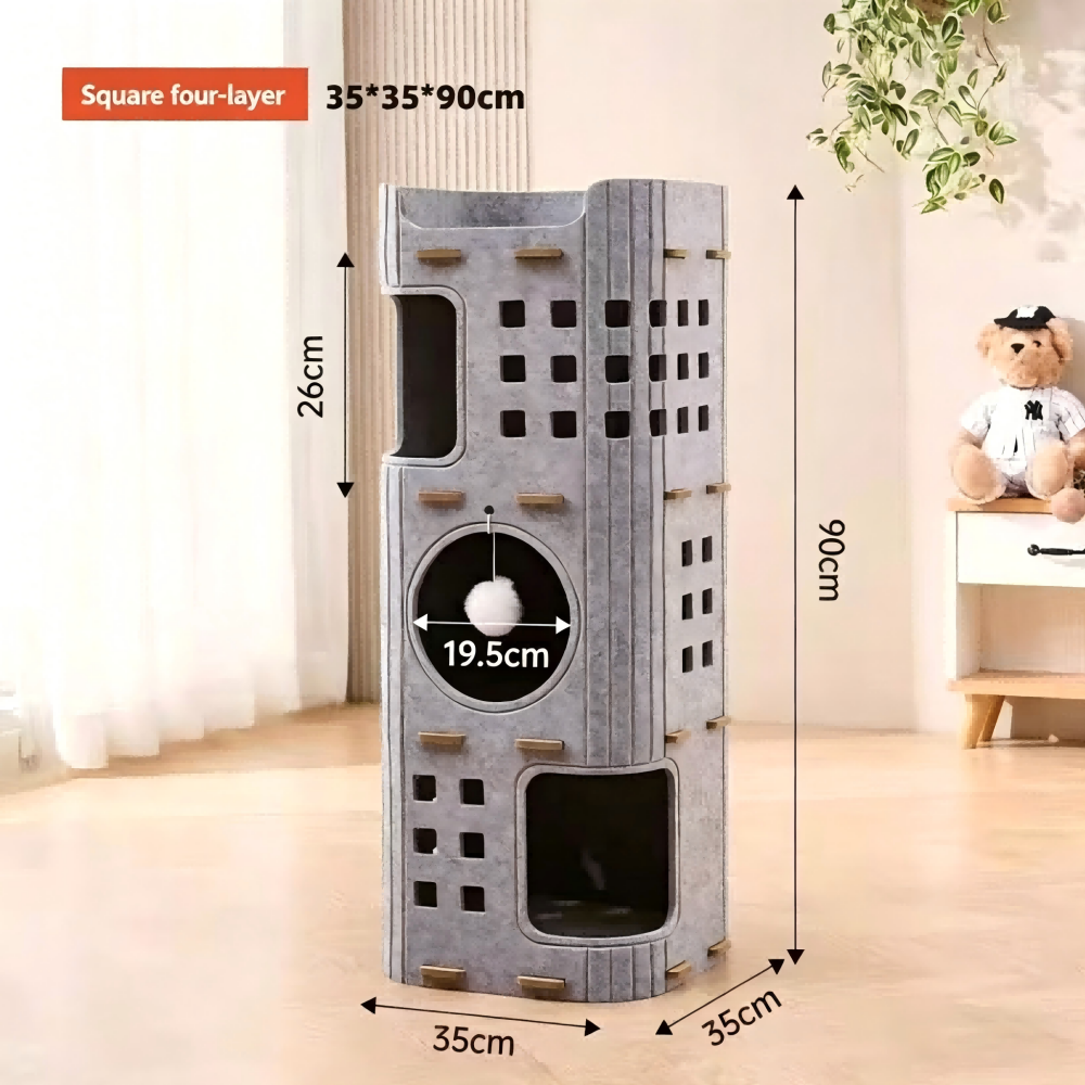 Multi-Layer All-in-One Cat Tree with Felt Cave Bed Year-Round Tunnel Cat House Warm & Durable Cat Condo