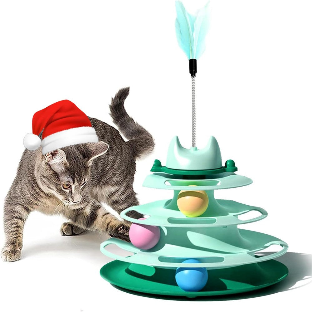 Cat Turntable Ball Toy 4 Level Interactive Kitten Track Roller Exercise Toy with Feather Stick Cats Toys Tower Cat Puzzle Toy Suitable for Interactive Kittens Chase Exercise