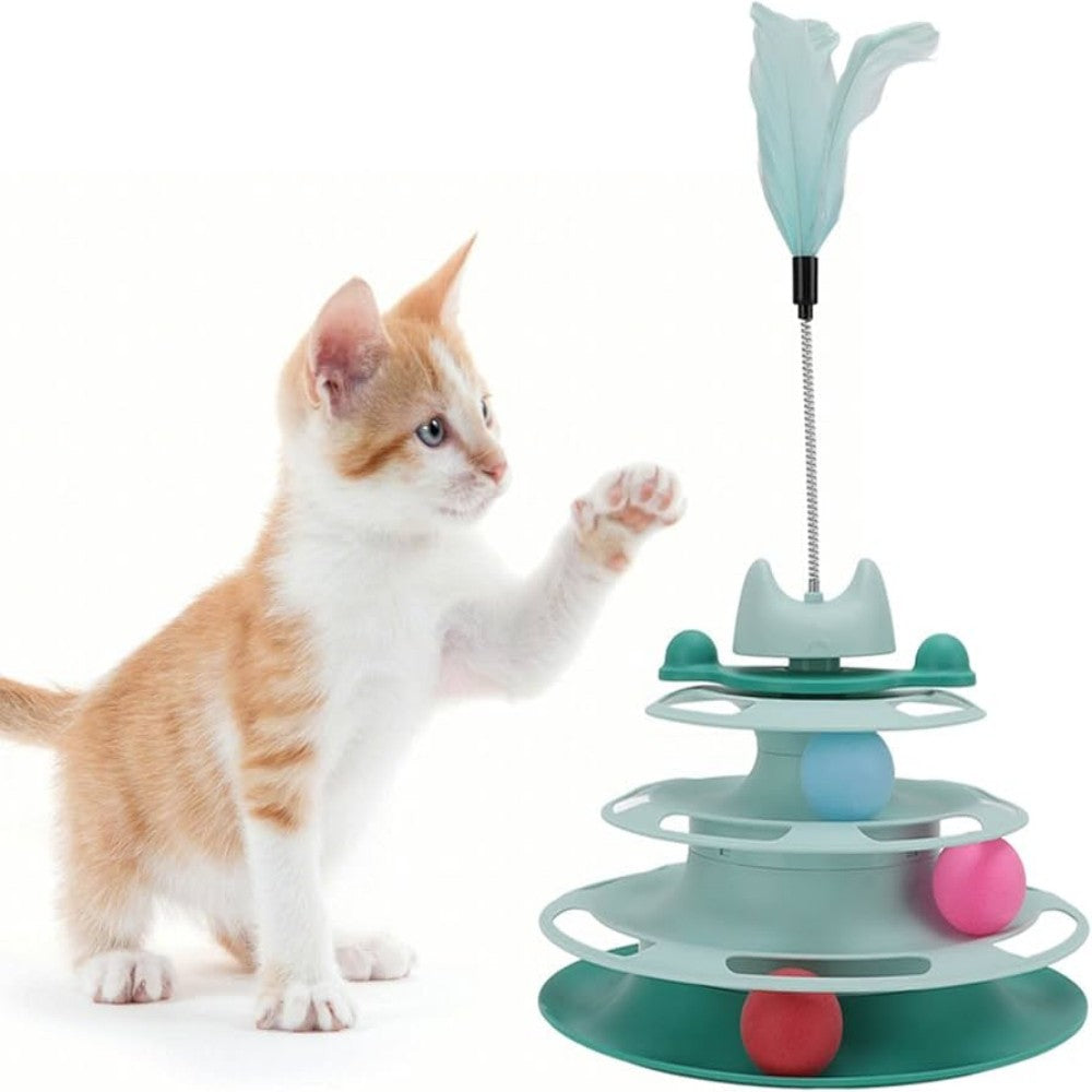 Cat Turntable Ball Toy 4 Level Interactive Kitten Track Roller Exercise Toy with Feather Stick Cats Toys Tower Cat Puzzle Toy Suitable for Interactive Kittens Chase Exercise Bark&Paw Lab