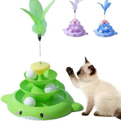 Cat Turntable Ball Toy 4 Level Interactive Kitten Track Roller Exercise Toy with Feather Stick Cats Toys Tower Cat Puzzle Toy Suitable for Interactive Kittens Chase Exercise Bark&Paw Lab