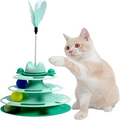 Cat Turntable Ball Toy 4 Level Interactive Kitten Track Roller Exercise Toy with Feather Stick Cats Toys Tower Cat Puzzle Toy Suitable for Interactive Kittens Chase Exercise Bark&Paw Lab