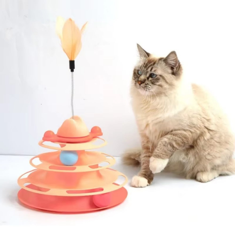 Cat Turntable Ball Toy 4 Level Interactive Kitten Track Roller Exercise Toy with Feather Stick Cats Toys Tower Cat Puzzle Toy Suitable for Interactive Kittens Chase Exercise Bark&Paw Lab