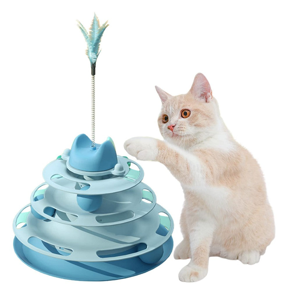 Cat Turntable Ball Toy 4 Level Interactive Kitten Track Roller Exercise Toy with Feather Stick Cats Toys Tower Cat Puzzle Toy Suitable for Interactive Kittens Chase Exercise