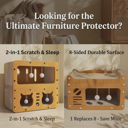 Durable 2-in-1 Cat Scratcher Lounge Bed & Teaser Toy house