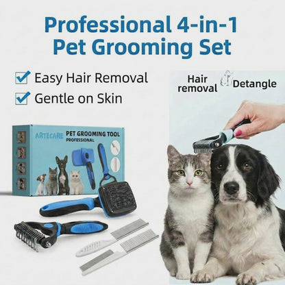 4-in-1 Professional Pet Grooming Brush Kit – Stainless Steel Comb Set for Dogs & Cats
