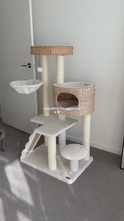 Modern Cat Tree for Indoor Cats with Cattail Fluff Condo and Top Perch